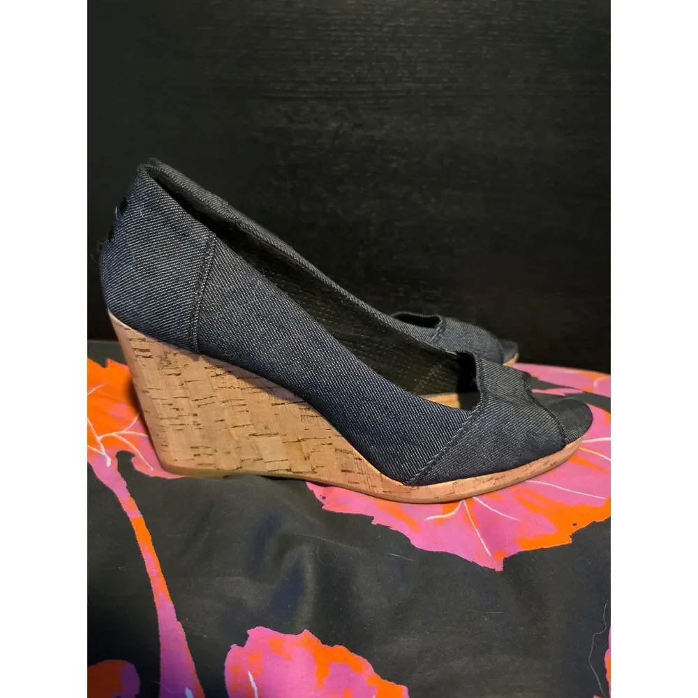 Toms Stella peep toe cork wedges black denim size 8.5‎